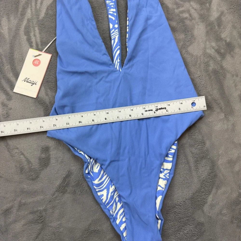 Maaji Swimsuit Womens Large Blue Reversible One Piece Plunge Ribbed Tropical - Picture 3 of 16